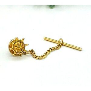 Nautical Gold-Tone Ship Wheel Tie Tack Chain With Bar